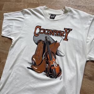 Vintage 90s Country Music T Shirt Boots Fiddle Cowboy Hat Fruit Of The Loom L